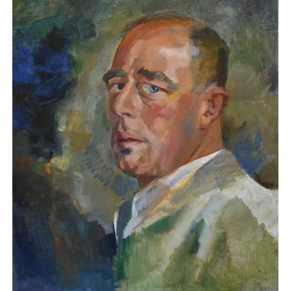Belgian artist Edmond Dutry portrait circa 1950. Post-Impressionist oil painting, distinguished male subject.